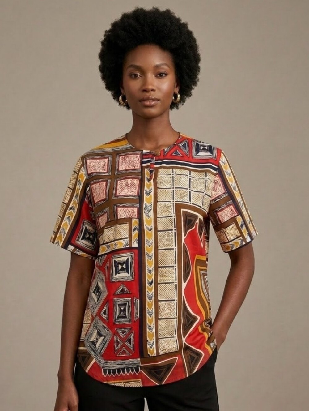 August silk Short-Sleeve Geometric Print  Silk Short Sleeves Top Sz S